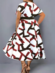 Women's Plus Geometric Print V Neck Wrap Dress With Belt