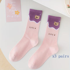3 Pairs Bear & Bunny Print Socks Women's Crew Stockings