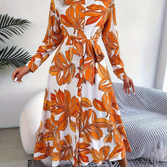 Women's Plus Leaf Print Long Sleeve Collar Shirt Dress