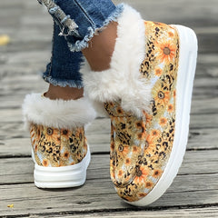 Sunflower & Leopard Print Plush Lined Furry Boat Shoes
