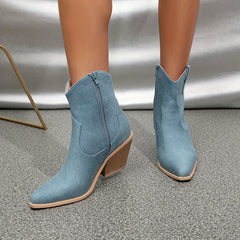 Women's Denim Chunky Heeled Ankle Boots