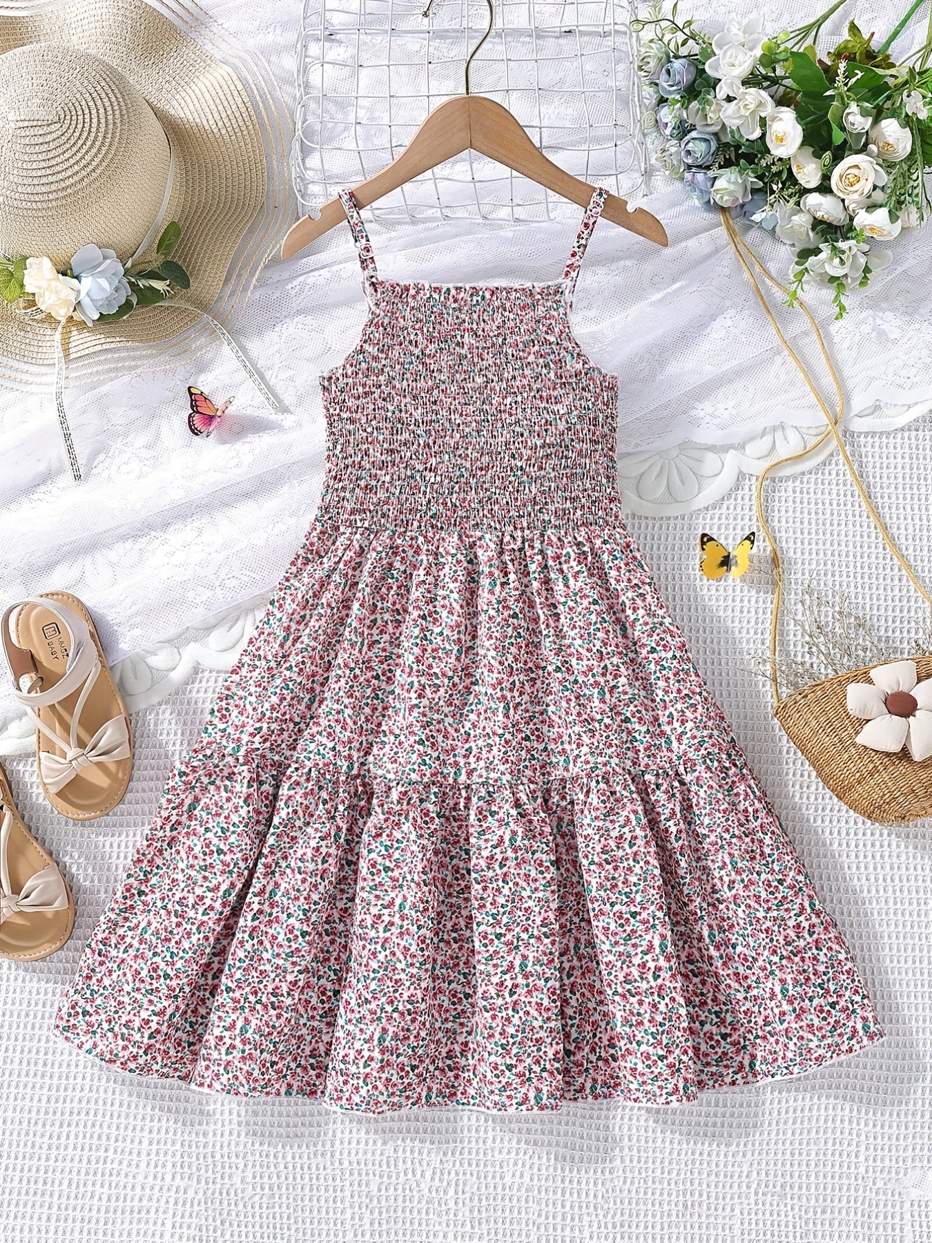 Girl's Floral Shirred Strappy Cami Dress For Party Beach Holiday