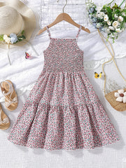Girl's Floral Shirred Strappy Cami Dress For Party Beach Holiday