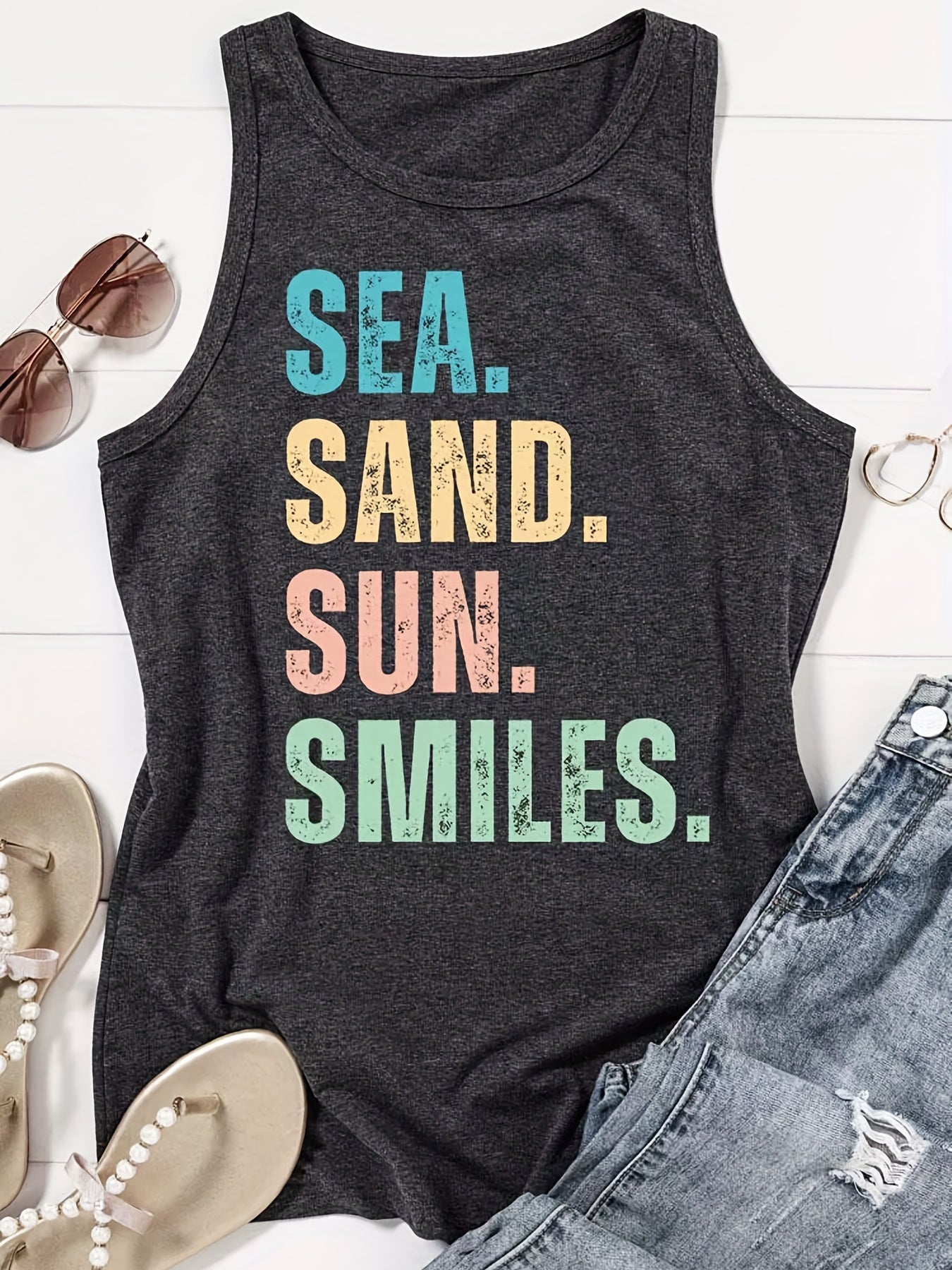 Letter Print Crew Neck Tank Top Casual Sleeveless Tank Top