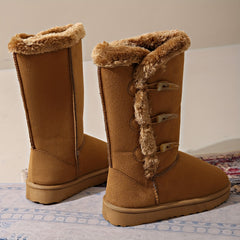 Women's Solid Horn Buckle Casual Snow Boots Soft Comfortable Medium Top Snow Sho