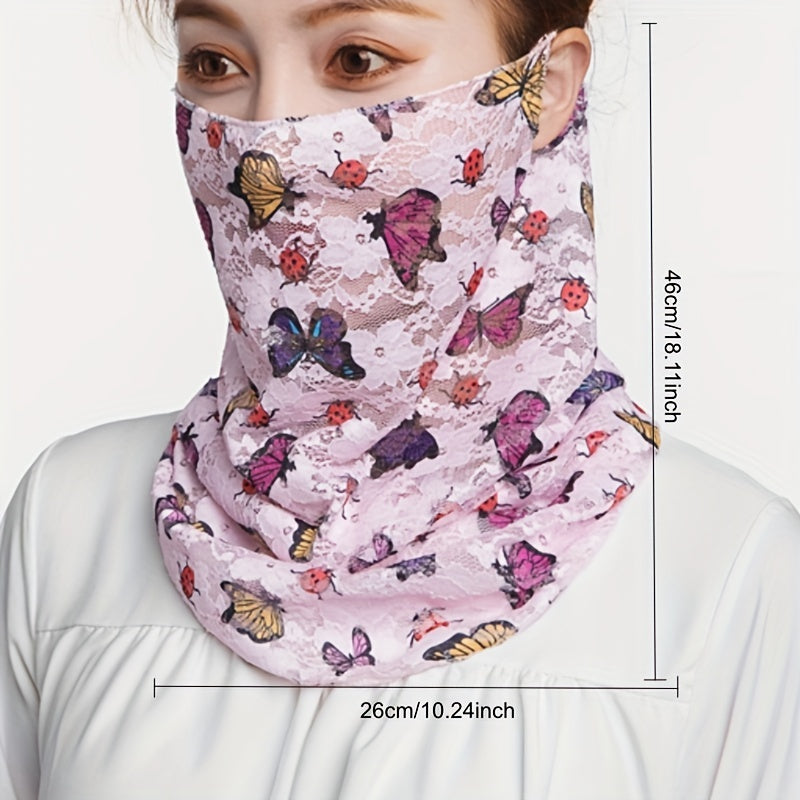 Lace Neck Gaiter Butterfly Print Veil Thin Breathable Sunscreen Face Covering