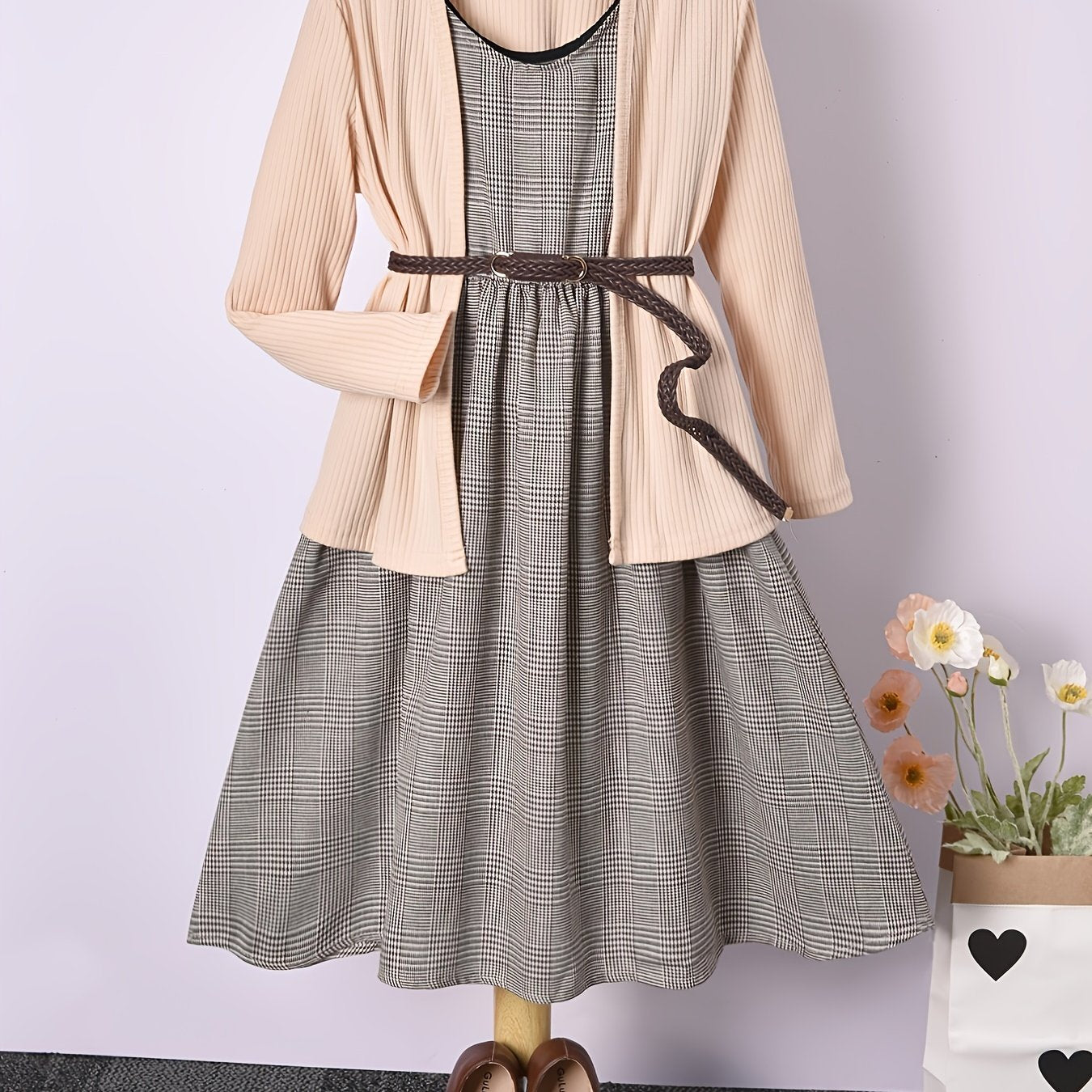 Girls Houndstooth Vest Dress & Apricot Ribbed Jacket Set