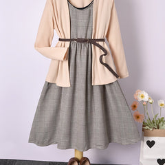 Girls Houndstooth Vest Dress & Apricot Ribbed Jacket Set