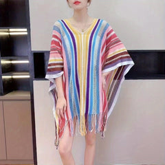 Rainbow Striped Shawl Long Fringed Wrap Hollow Out Sunscreen Shawl