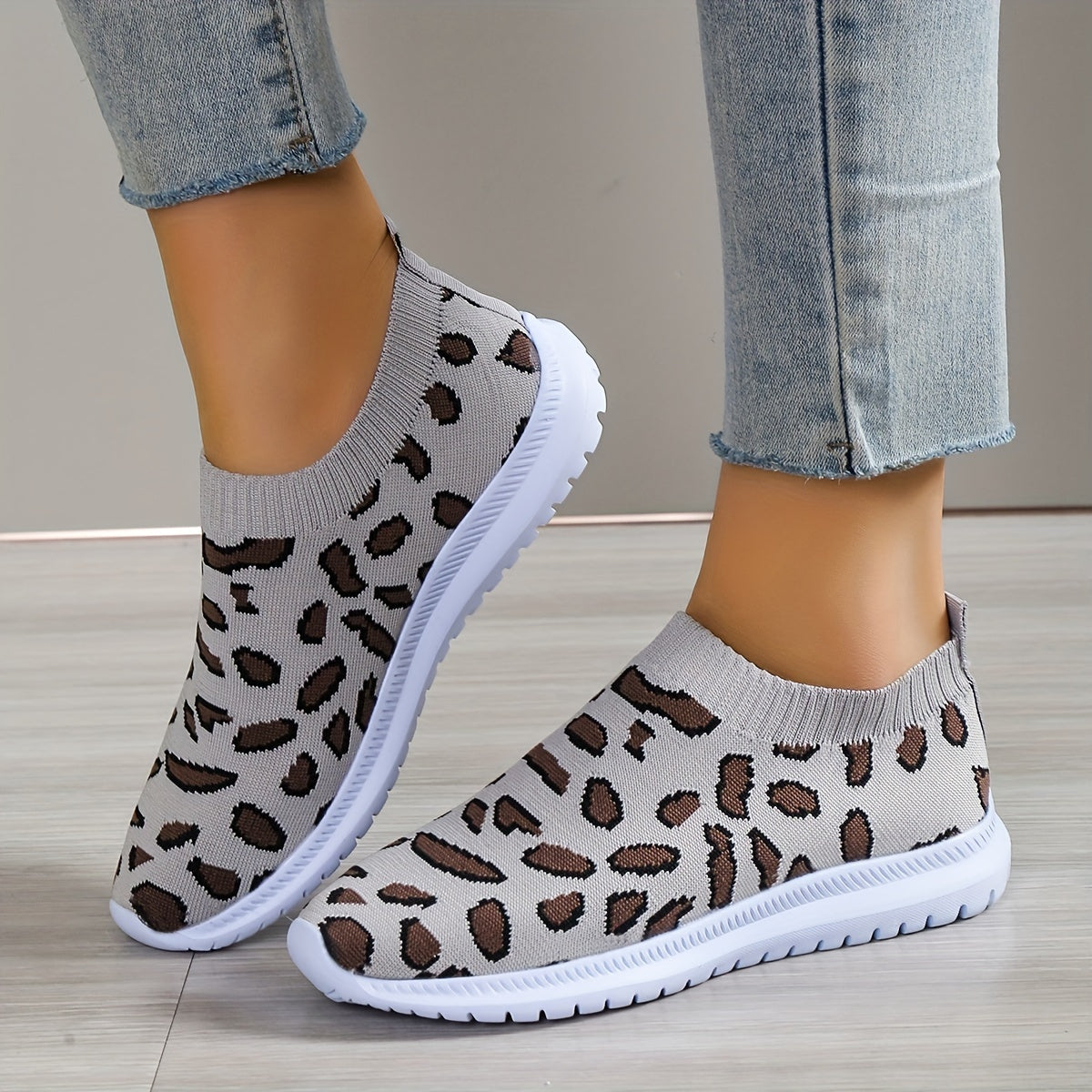 Women's Leopard Printed Sock Sneakers Low Top Slip On Walking Shoes