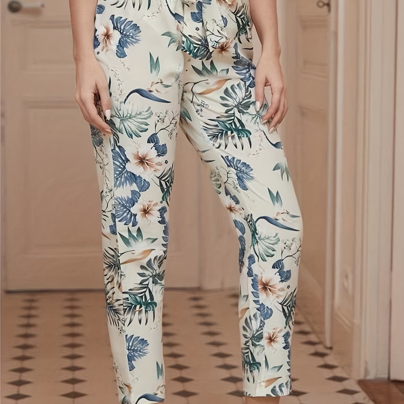 Vintage Floral Print Pants Vacation Knotted Long Length Pants
