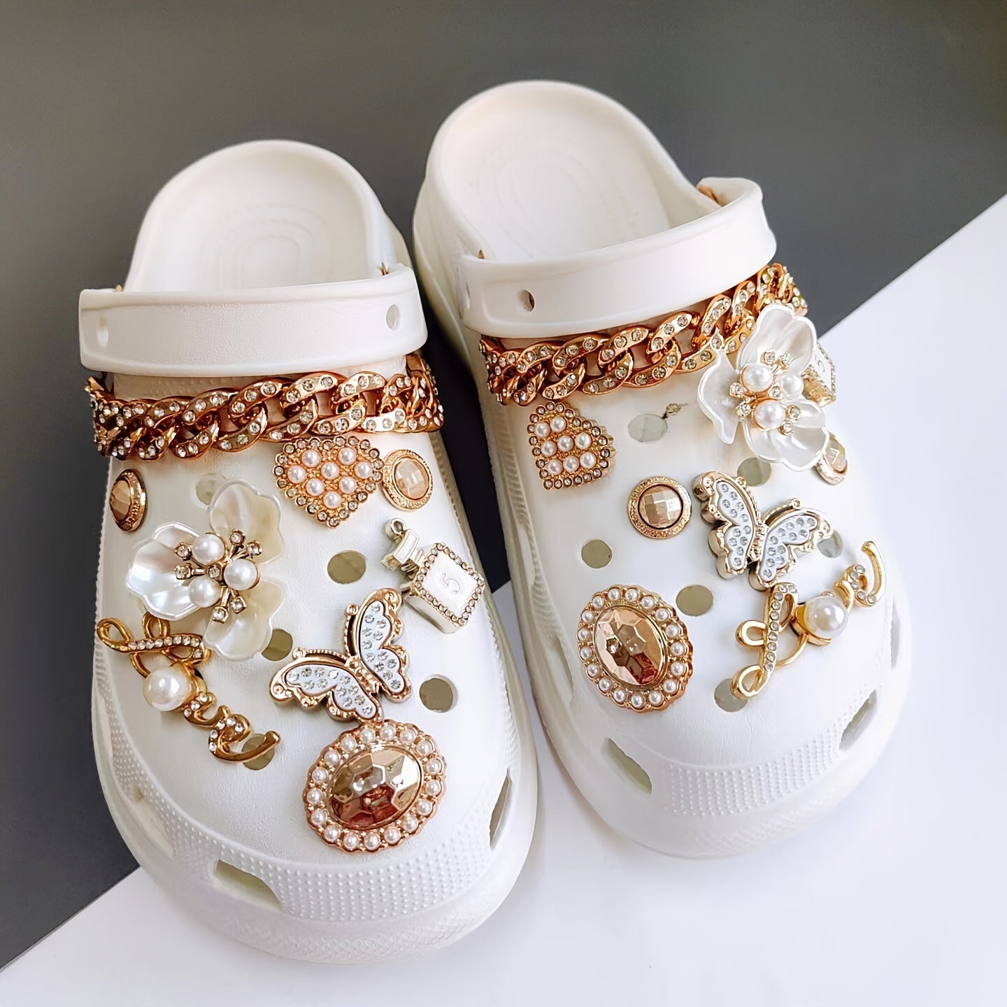 18pcs Style Hole Shoes Golden Butterfly Rhinestone Chain Access
