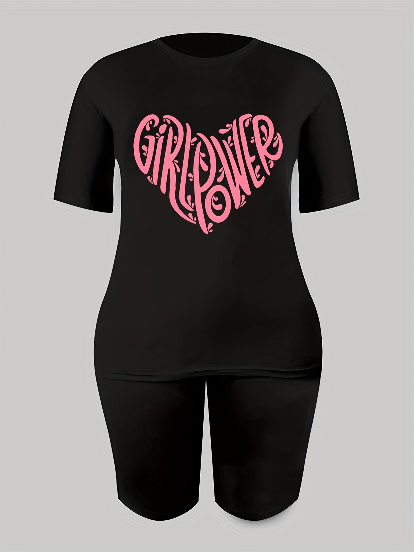 2pcs Heart Graphic Crew Neck T shirts & Solid Shorts Activewear