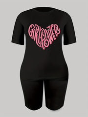 2pcs Heart Graphic Crew Neck T shirts & Solid Shorts Activewear