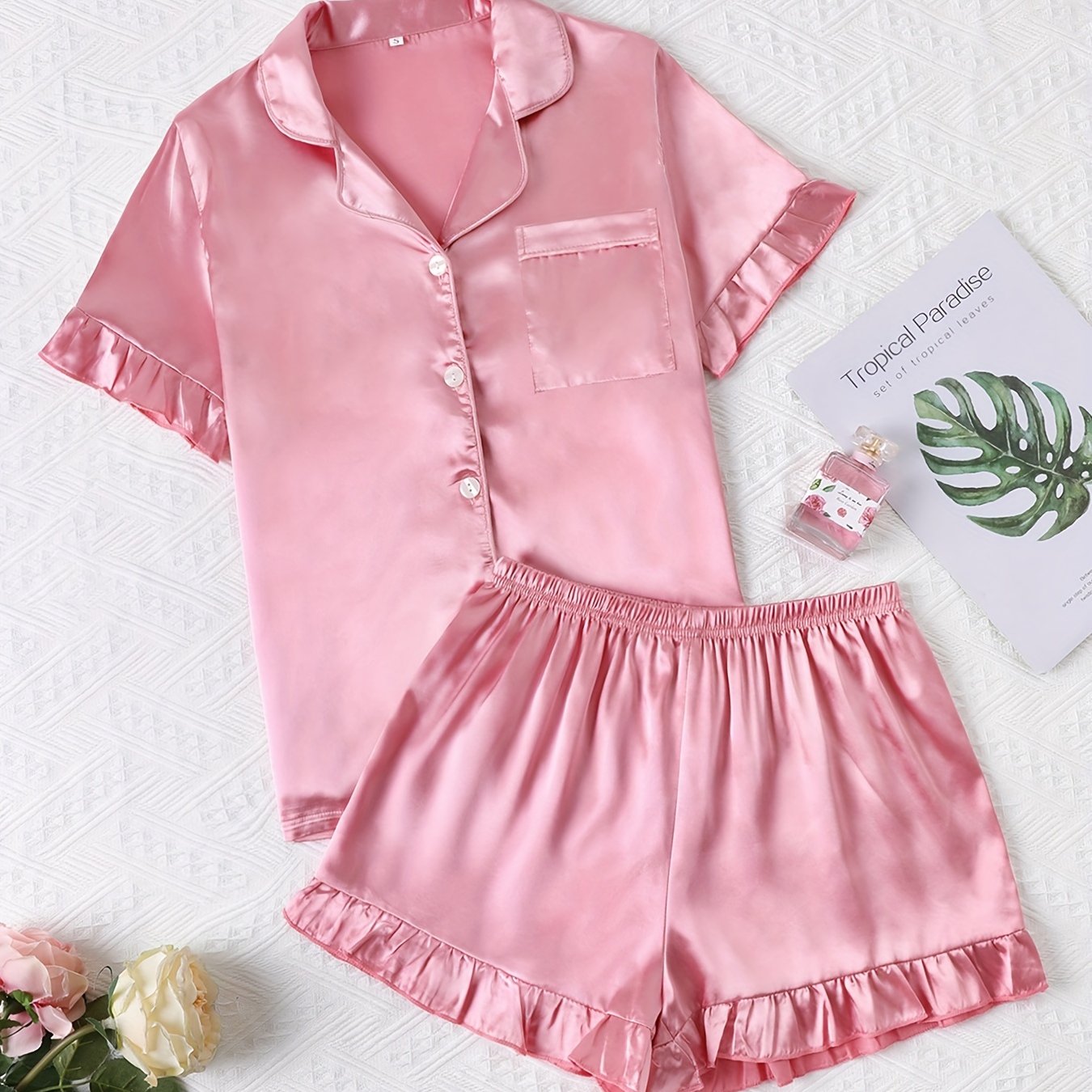 Satin Pajama Set Short Sleeve Top & Ruffle Shorts