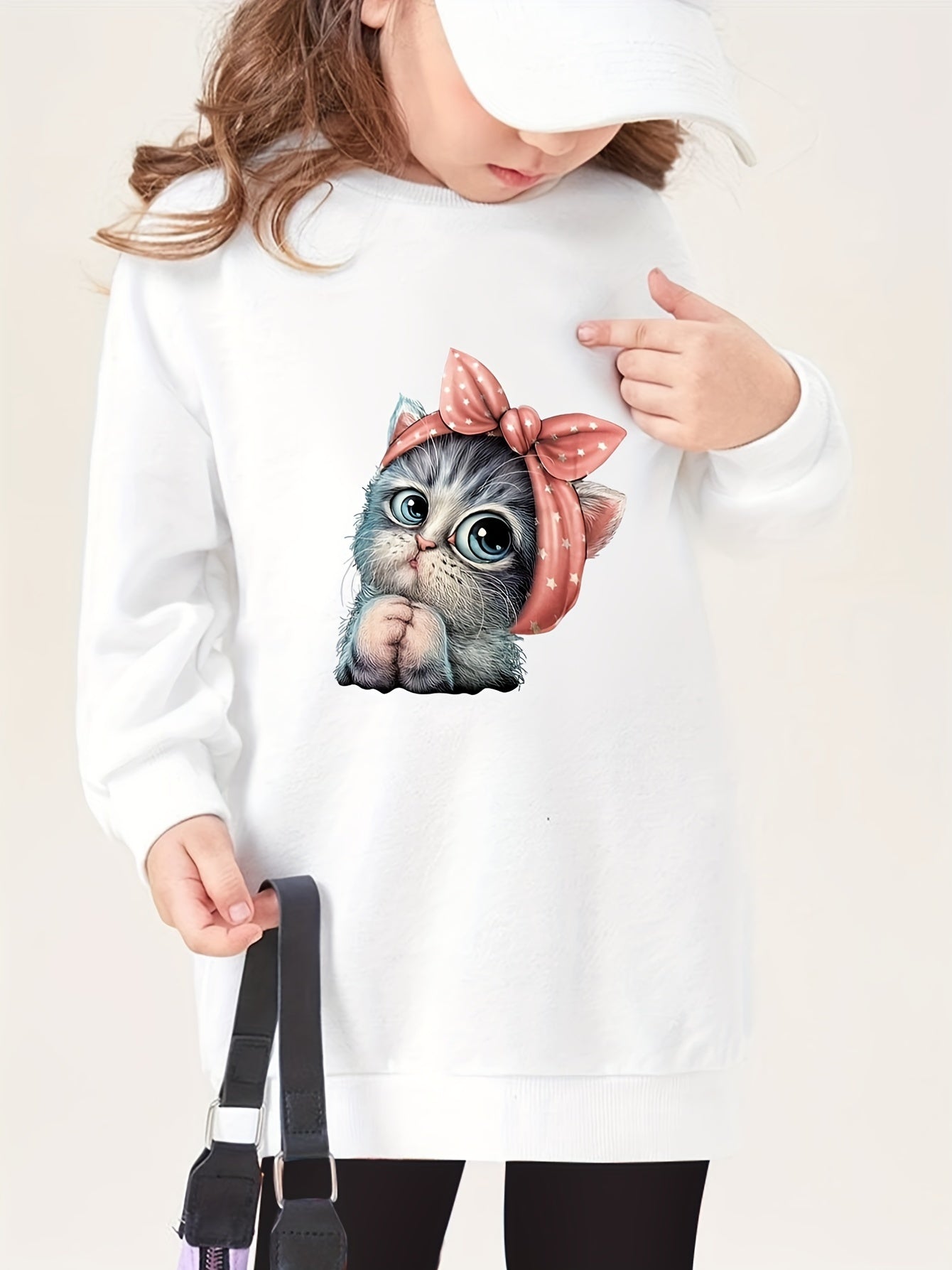 Girl's Kitty Print Crewneck Sweatshirt Dress Pullovers
