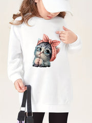 Girl's Kitty Print Crewneck Sweatshirt Dress Pullovers