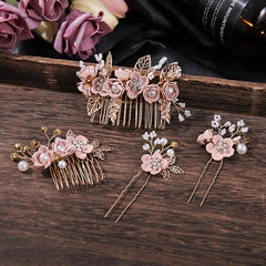 Hanfu Hair Comb Faux Pearl Flower Leaf Metal Hairpin Vintage Chinese Style