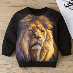 Lion Print Boys Casual Pullover Sweatshirt Crew Neck Tops