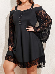 Plus Size Gothic Dress Women's Lace Cold Shoulder Bell Sleeve Lace Up