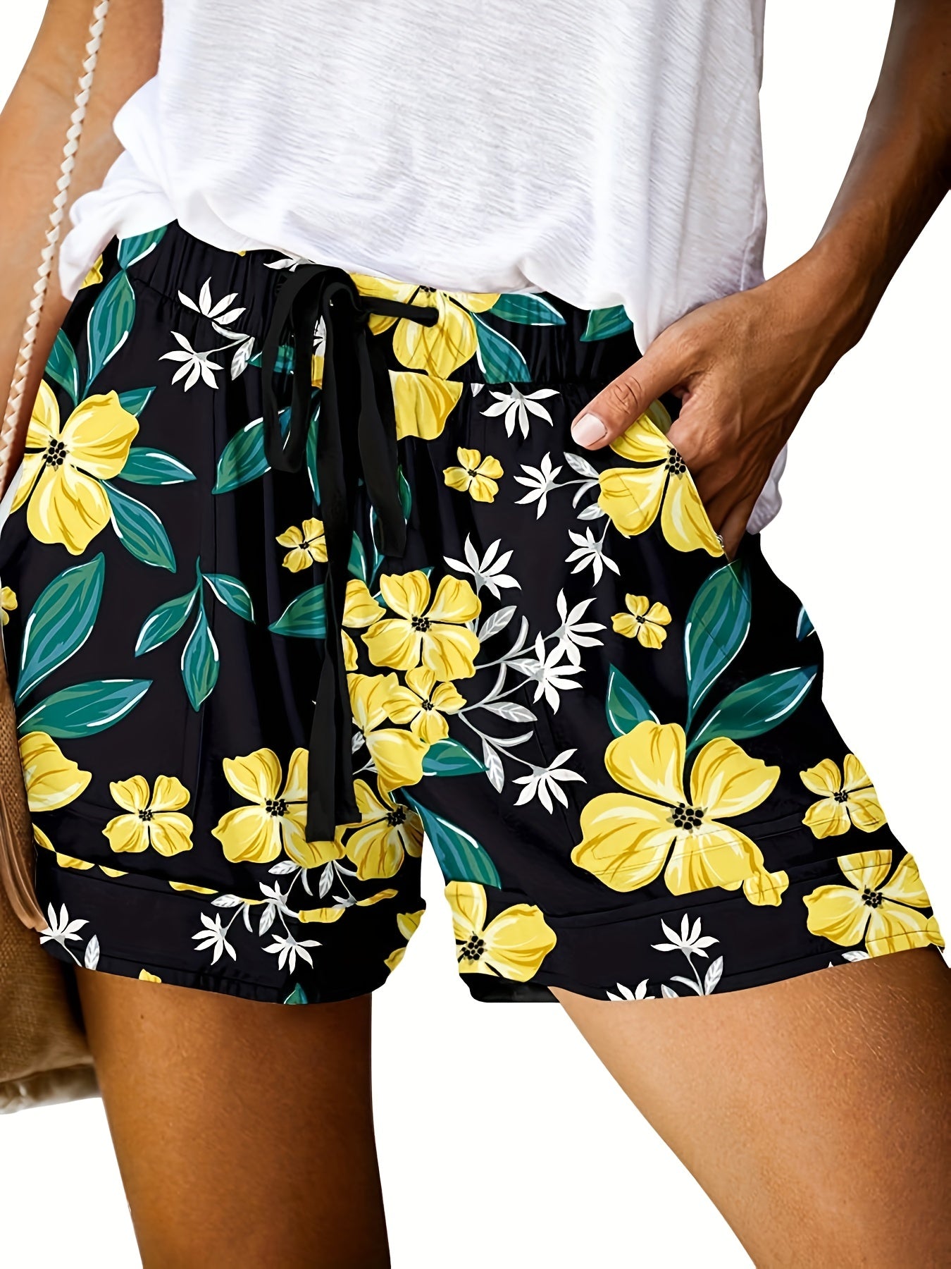 Floral Print Wide Leg Drawstring Shorts for Women