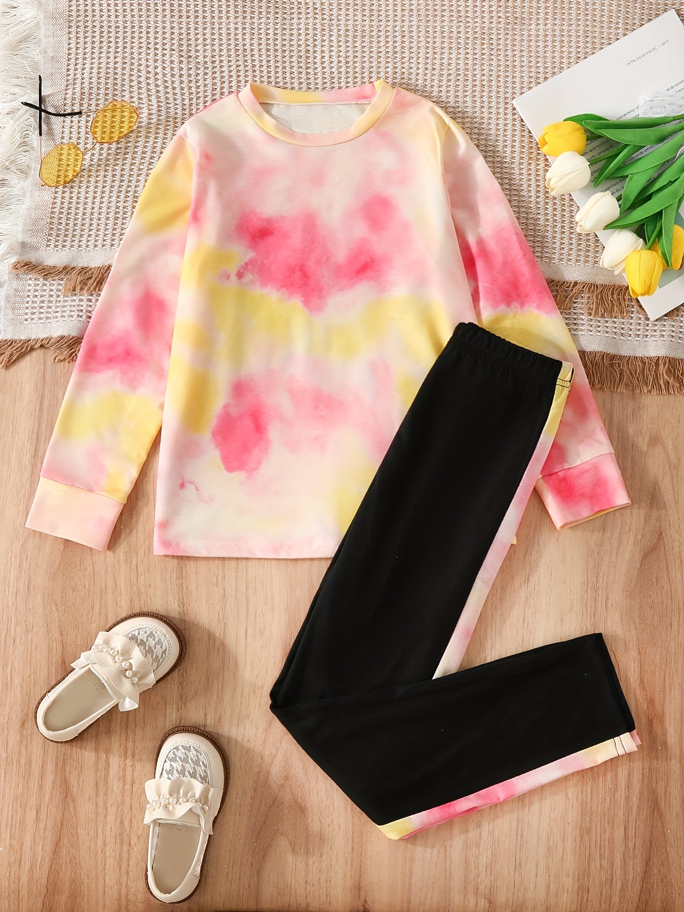 Girl's Tie Dye Long Sleeve Top & Pants Set