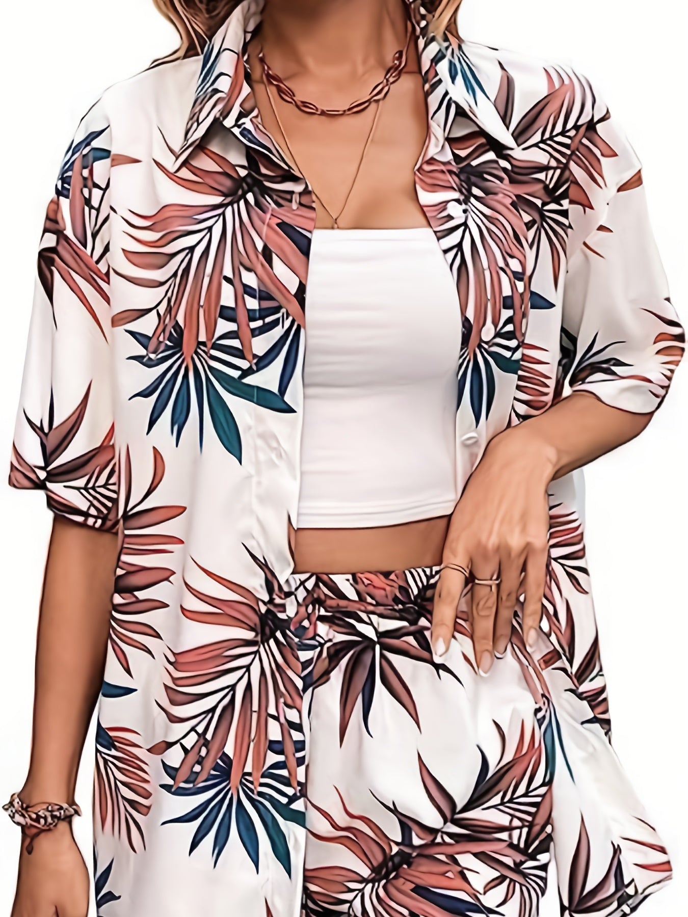 Tropical Print Vacation 2pc Set Button Front Shirt & Shorts