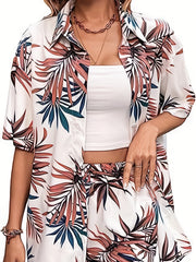 Tropical Print Vacation 2pc Set Button Front Shirt & Shorts