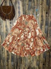 Boho Maxi Skirt Paisley Floral Print Drawstring Elastic High Rise