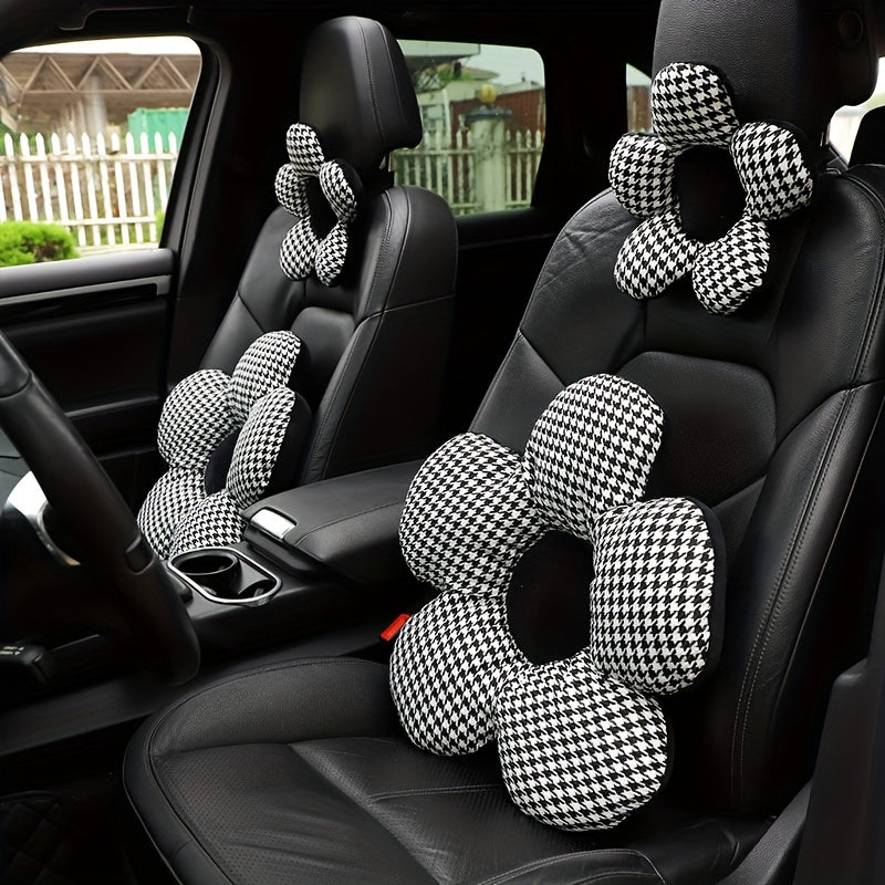 Stylish Houndstooth Flower Headrest Cushion & Waist Pad Car Accessory