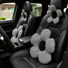 Stylish Houndstooth Flower Headrest Cushion & Waist Pad Car Accessory