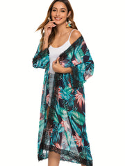 Tropical Floral Leaf Print Chiffon Cover Up 3/4 Sleeves Sun Protection Beach Cov