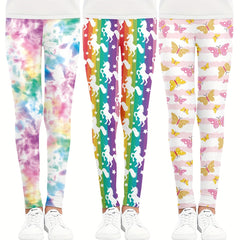3pcs Girls Cartoon Unicorn And Butterfly Tie Dye Athletic Leggings
