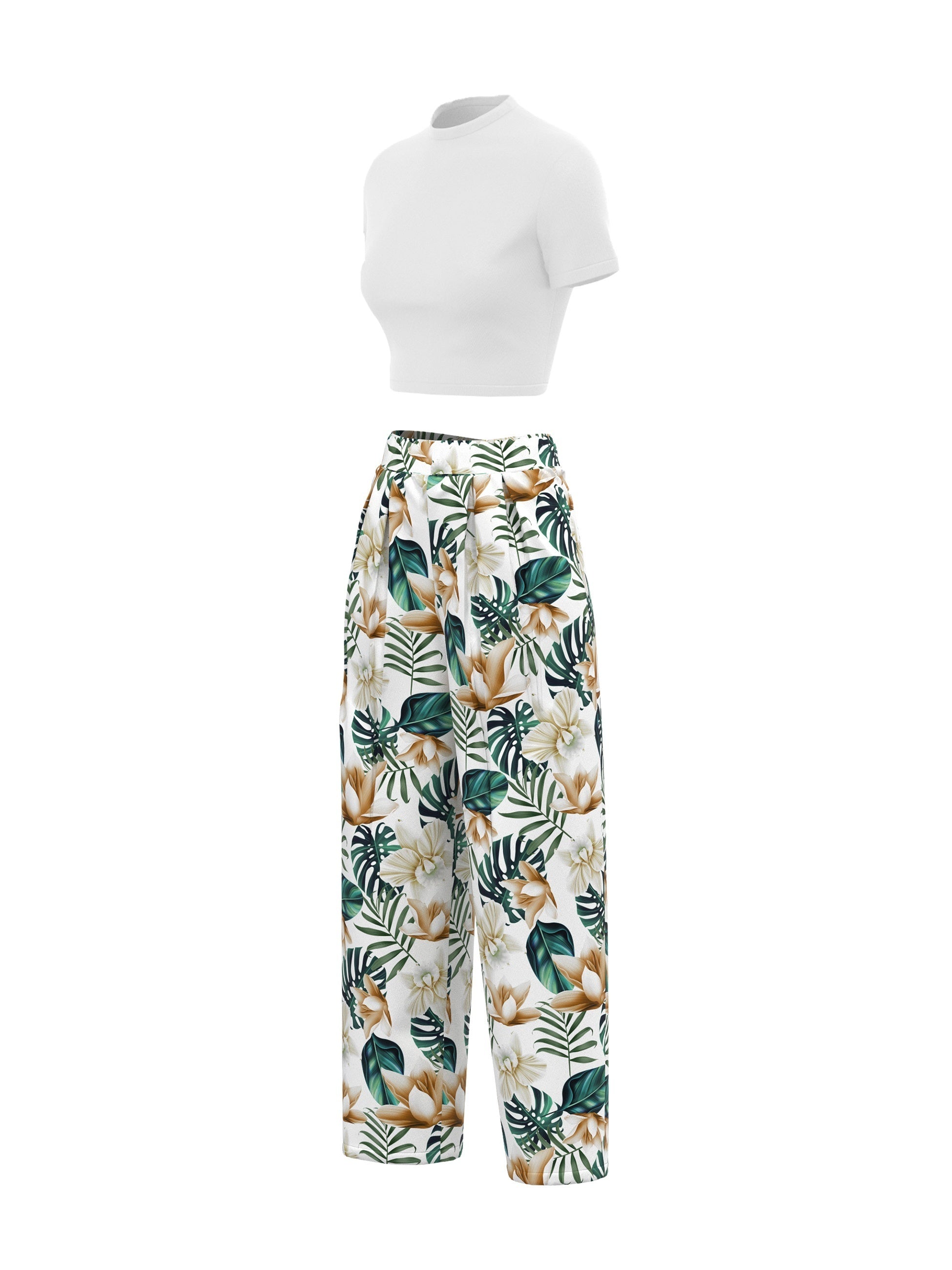 Boho Two Piece Set: Slim Tee & Tropical Print Pants