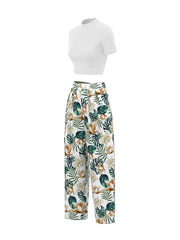 Boho Two Piece Set: Slim Tee & Tropical Print Pants