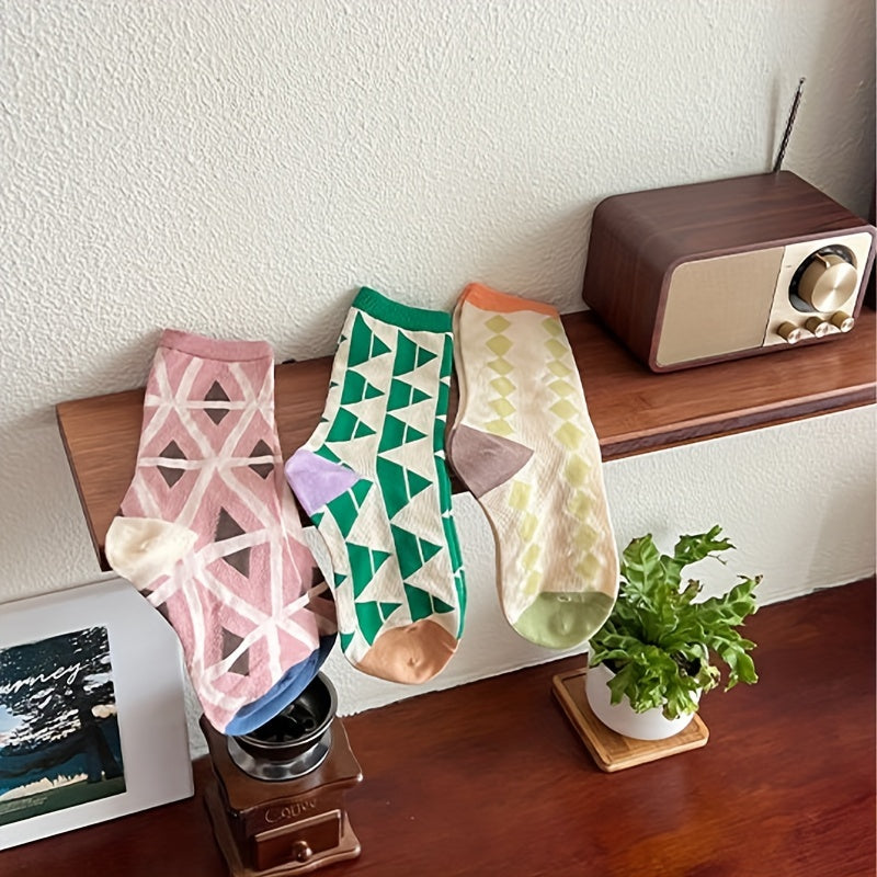 3 Pairs Geometric Print Socks Mid Tube Stockings Breathable Women's Hosiery