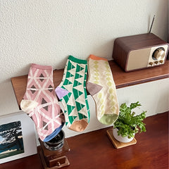 3 Pairs Geometric Print Socks Mid Tube Stockings Breathable Women's Hosiery