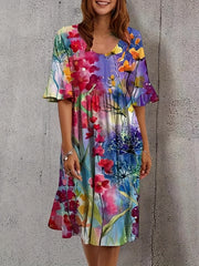 Floral Print Bell Sleeve Plus Size Dress