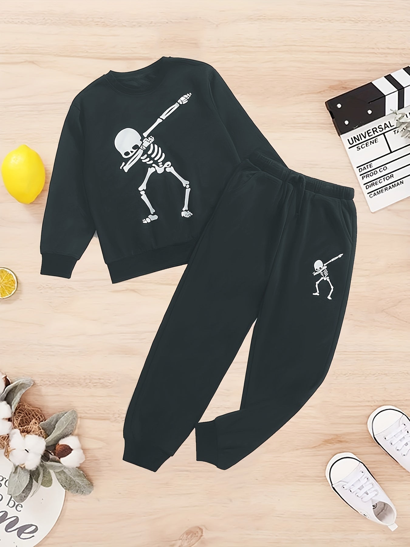 Kid's Dancing Skeleton Print Sweatshirt & Sweatpants Set