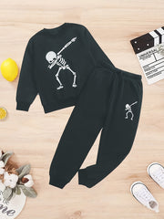 Kid's Dancing Skeleton Print Sweatshirt & Sweatpants Set