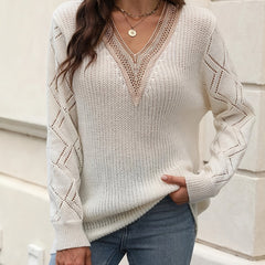 Colorblock Lace Panel V Neck Pullover Sweater
