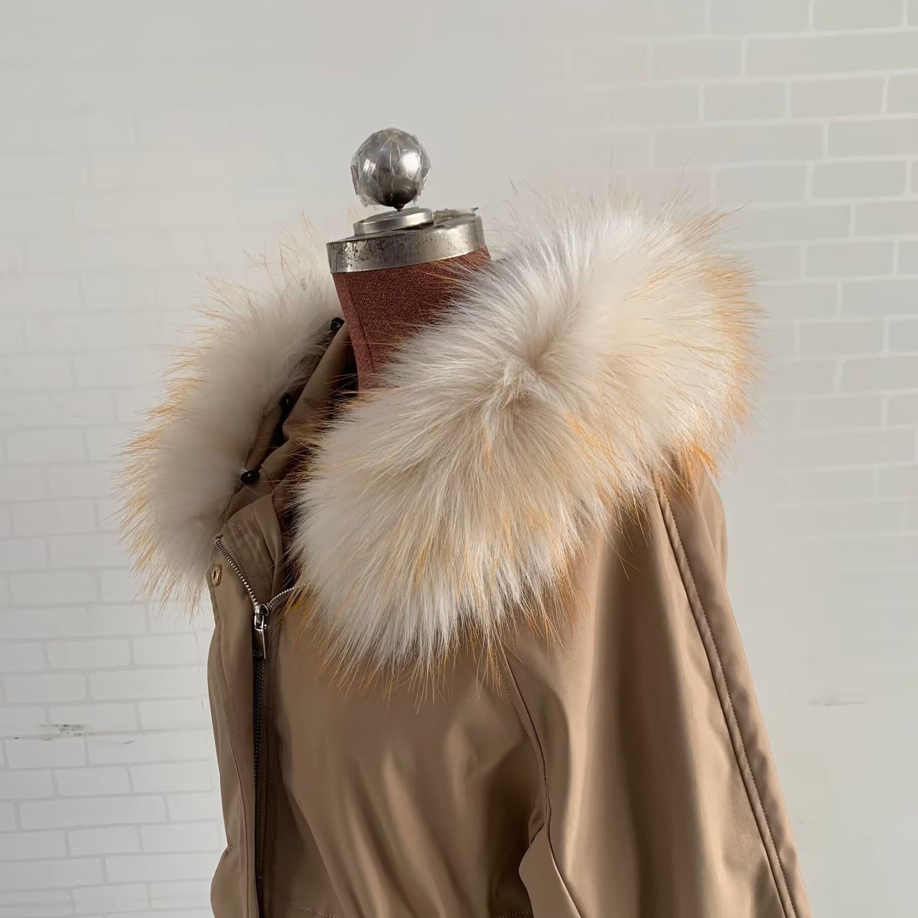 Beige Faux Fur Trim Collar Hood Replacement Detachable Furry Raccoon Collar
