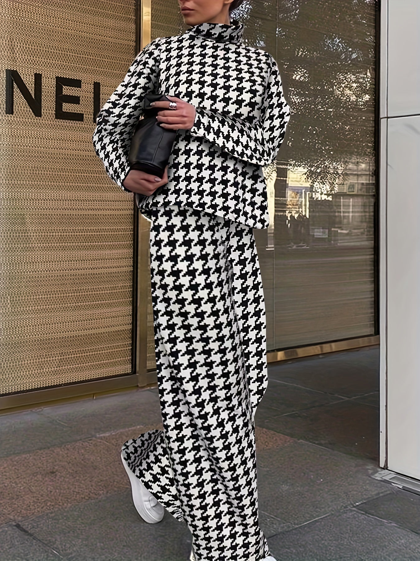 Plus Houndstooth Print Top & Pants Set Women's Plus Size