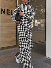 Plus Houndstooth Print Top & Pants Set Women's Plus Size