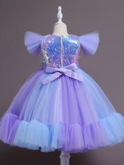 Girls Ruffled Sleeves Puffy Princess Dress Sequin Block Tulle Tutu Dress