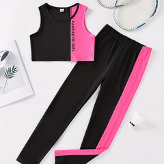 Girls Activewear Letter Block Stitching Sports Tank Top & Sweat Pants Set