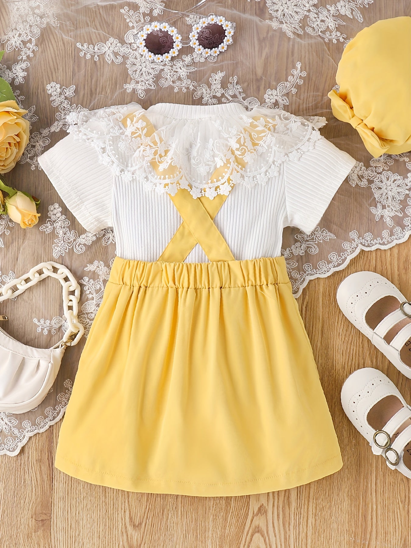Girls Ribbed T shirt & Short Skirt Jumpsuit Set Lace Decor Tee Top Romper