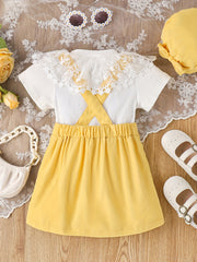 Girls Ribbed T shirt & Short Skirt Jumpsuit Set Lace Decor Tee Top Romper