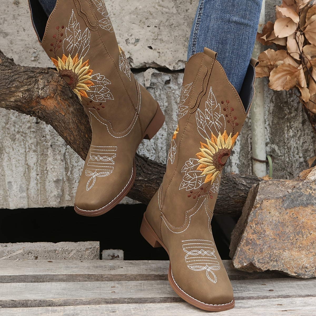 Women's Embroidered Mid Calf Western Boots Faux Leather Boots