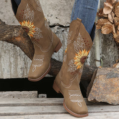 Women's Embroidered Mid Calf Western Boots Faux Leather Boots